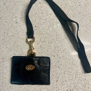 GUCCI Black Leather Card Holder with Gold GG Hardware and Lanyard